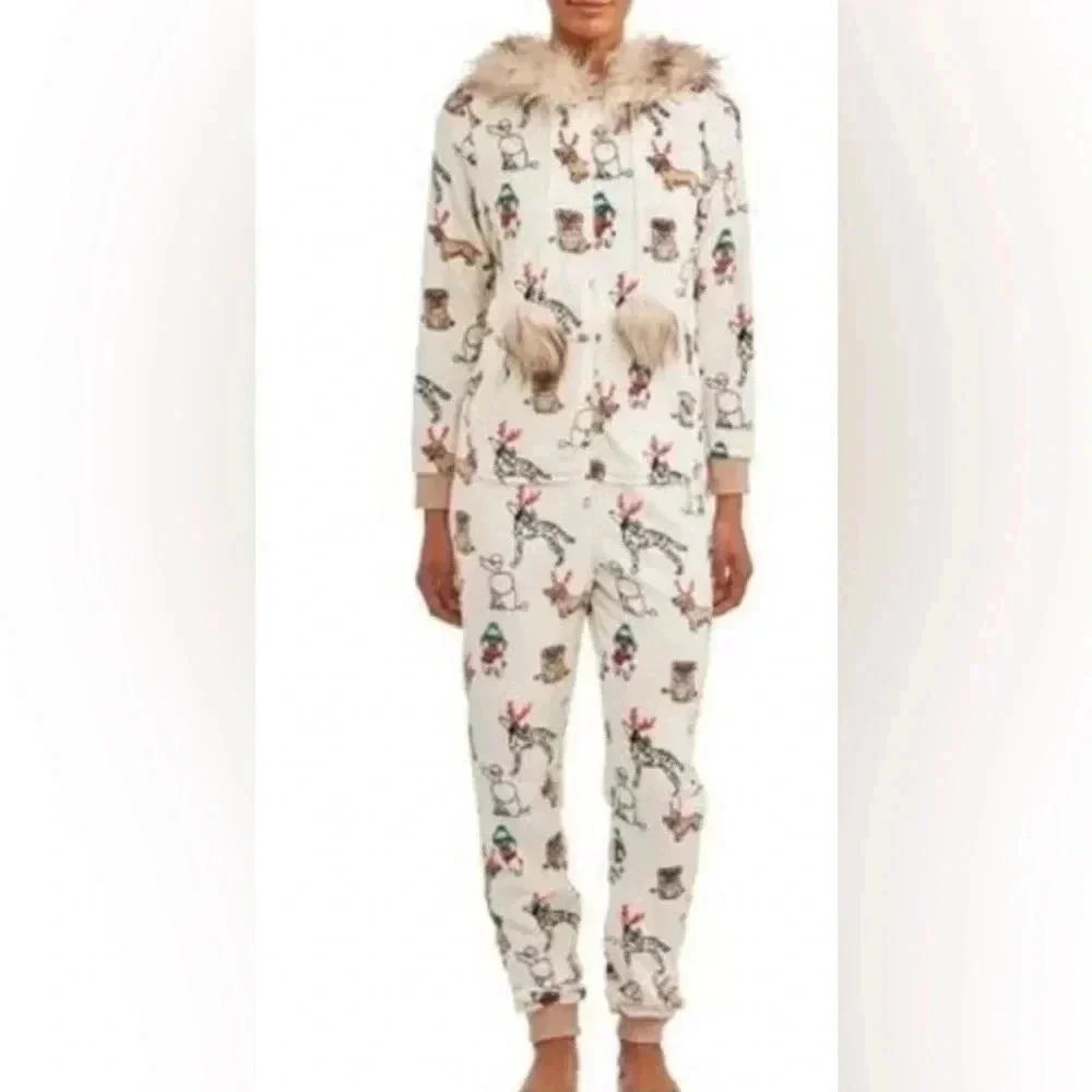 Holiday Time Womens Plus Size 2x 18W 22W Zip Front Fleece One Piece Pajamas Dogs